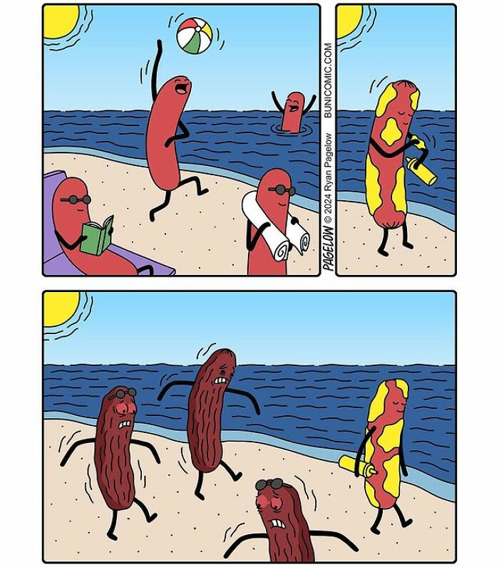 Hot Dog comics beach scene: anthropomorphic hot dogs playing, sunbathing, and one covered in mustard Hot Dog comics beach scene: anthropomorphic hot dogs playing, sunbathing, and one covered in mustard