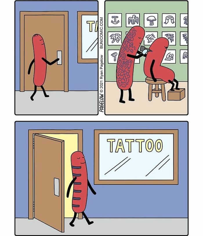Hot Dog comics panel showing an anthropomorphic hot dog getting a tattoo and leaving with stripes Hot Dog comics panel showing an anthropomorphic hot dog getting a tattoo and leaving with stripes