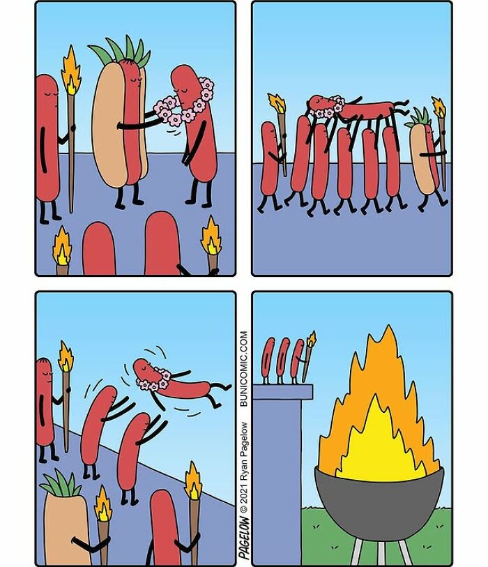 Hot Dog comics showing anthropomorphic hot dogs ceremonially toss a lei-wearing hot dog into a giant flaming grill