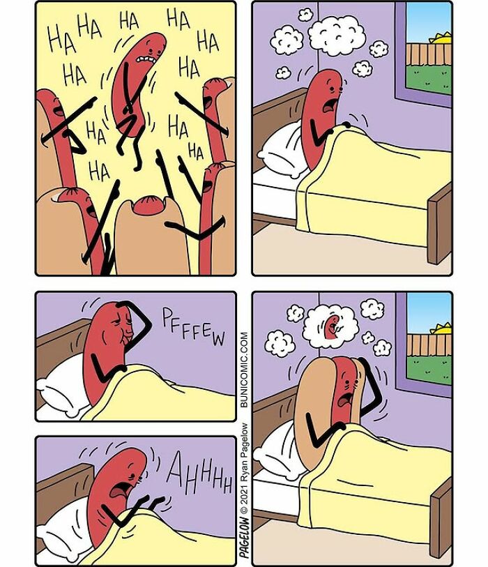 Hot Dog comics panel of an anthropomorphic hot dog being laughed at, waking in bed and imagining the crowd