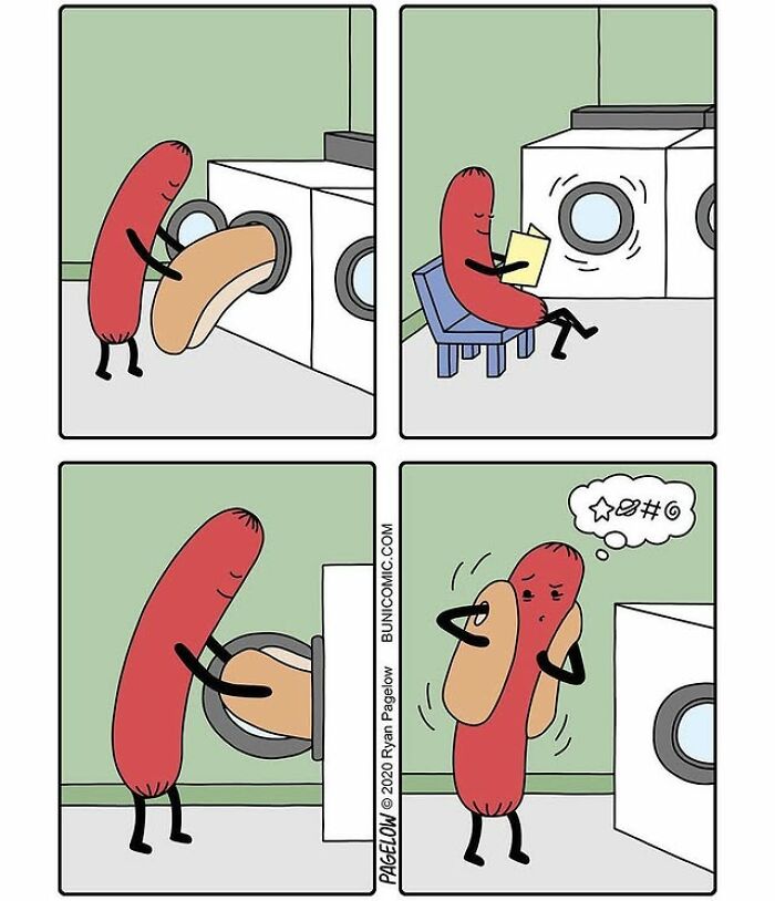 Hot Dog comics Ryan Pagelow: four-panel cartoon of an anthropomorphic hot dog washing its bun and ending up with a shrunken bun Hot Dog comics Ryan Pagelow: four-panel cartoon of an anthropomorphic hot dog washing its bun and ending up with a shrunken bun