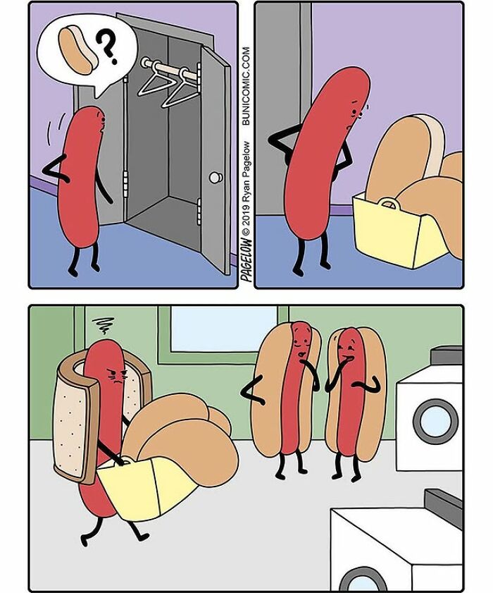 Hot Dog comics panel: a frustrated hot dog searches for buns, tries them on, and watches other hot dogs in buns laugh.