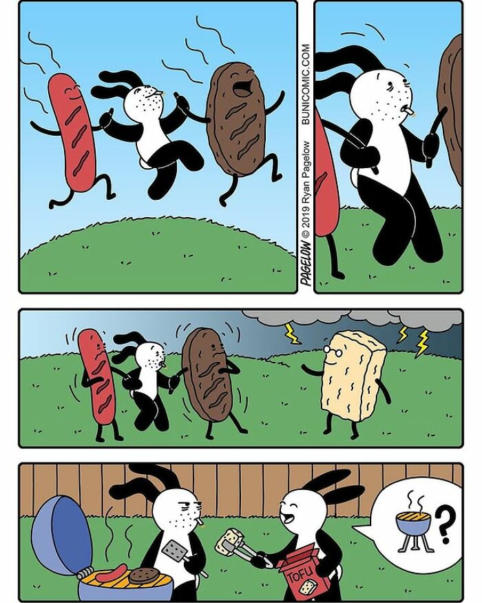 Hot Dog comics panel: rabbit dancing with anthropomorphic hot dog and burger, later grilling and offering tofu. Hot Dog comics panel: rabbit dancing with anthropomorphic hot dog and burger, later grilling and offering tofu.