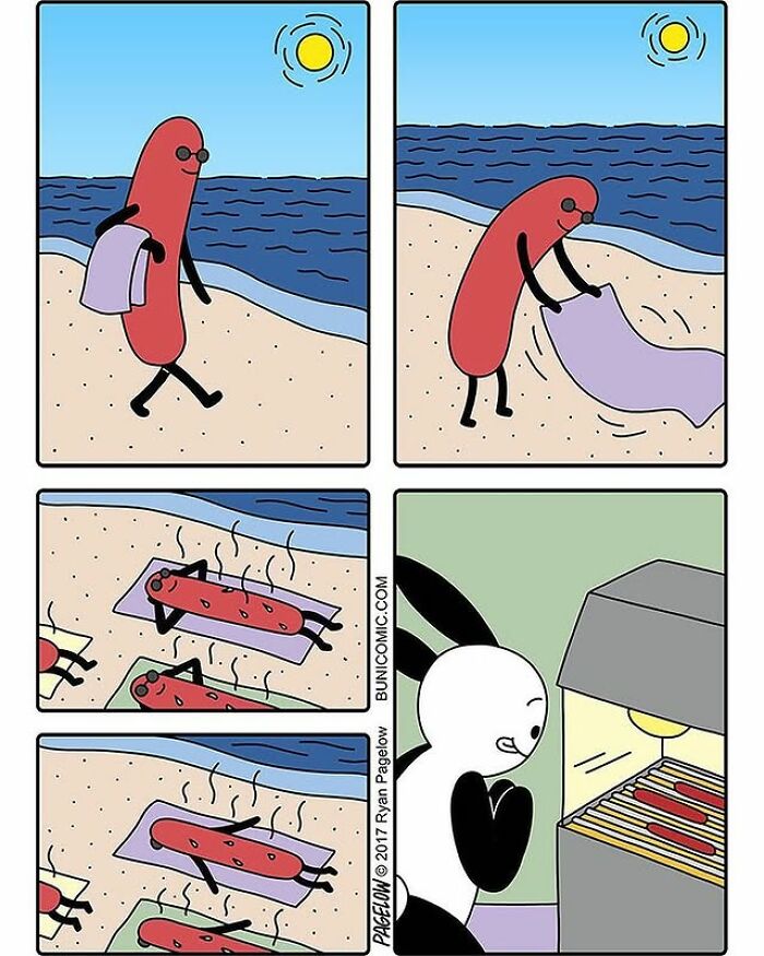 Hot Dog comics showing an anthropomorphic hot dog sunbathing on the beach in panels, then a rabbit grilling hot dogs