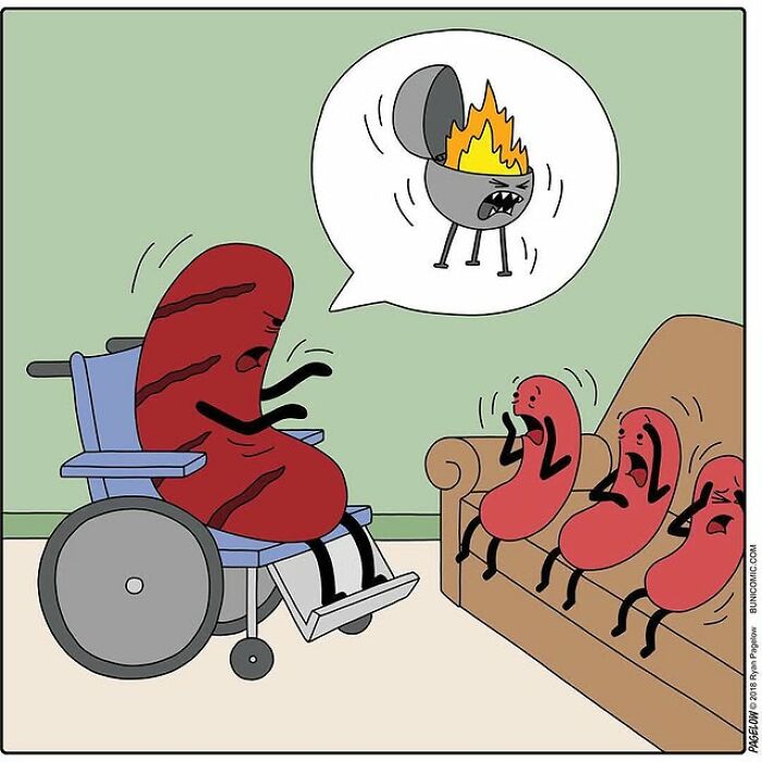 Hot Dog comics panel: hot dog in wheelchair scaring smaller hot dogs with a flaming grill in a speech bubble Hot Dog comics panel: hot dog in wheelchair scaring smaller hot dogs with a flaming grill in a speech bubble
