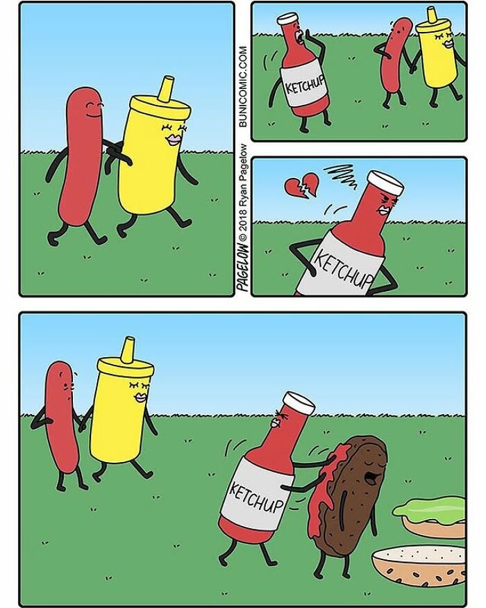 Hot Dog comics panel: anthropomorphic hot dog and mustard stroll while jealous ketchup smothers a burger.