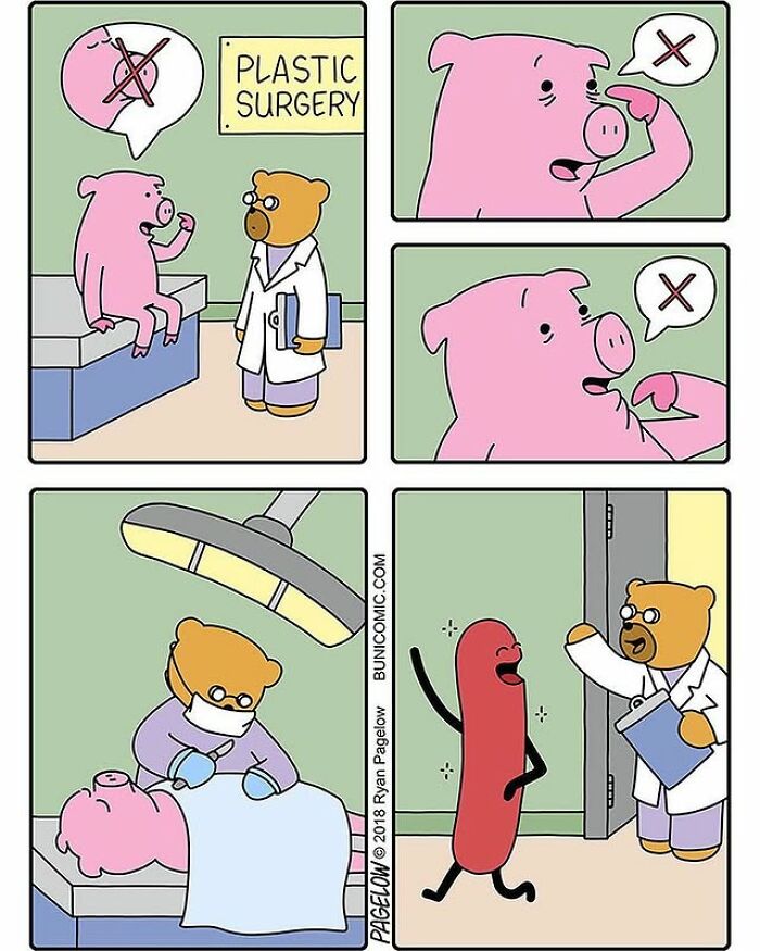 Hot Dog comics panel: pig seeks plastic surgery, wakes up as walking hot dog greeted by doctor bear