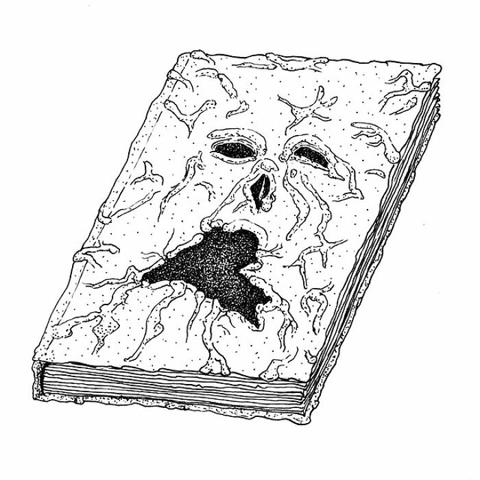 Illustration of a book with a face merging into the cover, showcasing a creative visual pun by the artist.