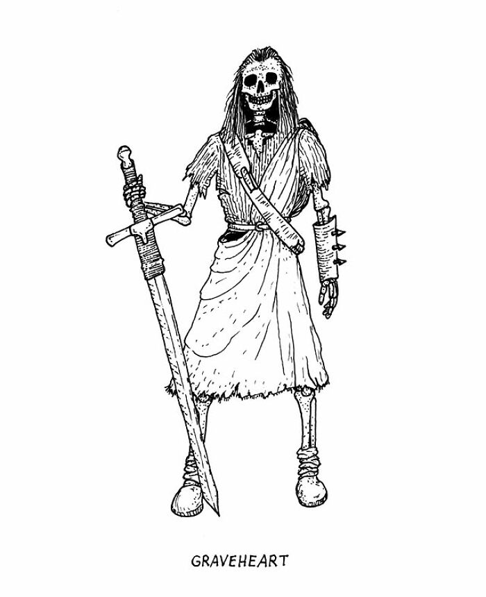 Black and white drawing of a skeleton warrior holding a sword, a visual pun by an artist creating visual puns daily.