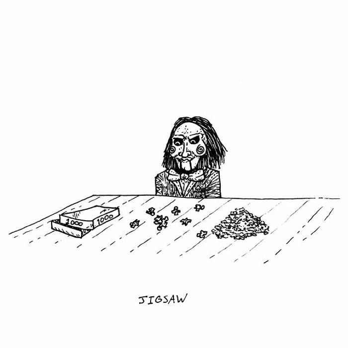 Illustration of a visual pun featuring a character from the Jigsaw film with jigsaw puzzle pieces on a table.