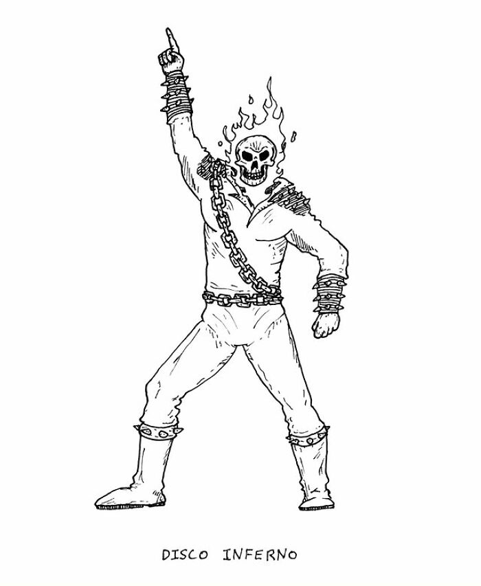 Black and white drawing of a flaming skeleton in chains dancing, representing a visual pun from the artist's daily series.
