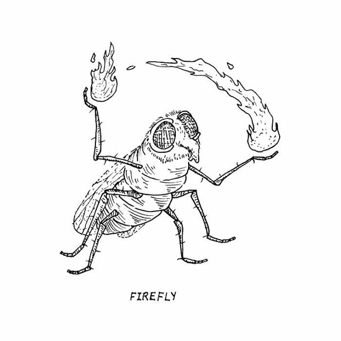 Illustration of a visual pun showing a firefly holding flames, created by an artist exploring visual puns.