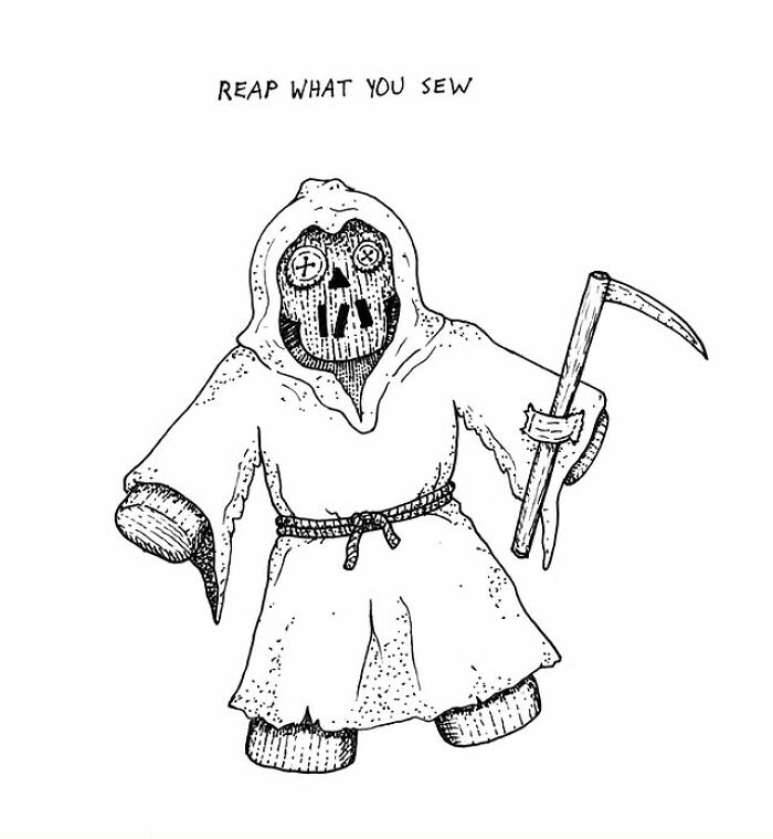 Black and white illustration of a visual pun showing a wooden scarecrow reaper holding a scythe.