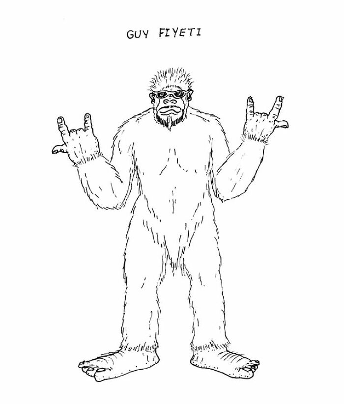 Hand-drawn visual pun of a bigfoot character named Guy Fiyeti wearing sunglasses and making rock hand signs.