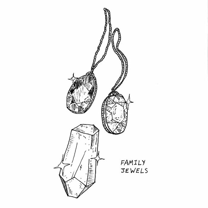 Black and white drawing of sparkling jewels with the pun family jewels by an artist creating a visual pun daily.