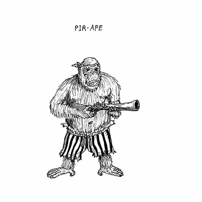 Hand-drawn visual pun of a pirate as an ape holding a musket, part of an artist’s daily visual pun series.