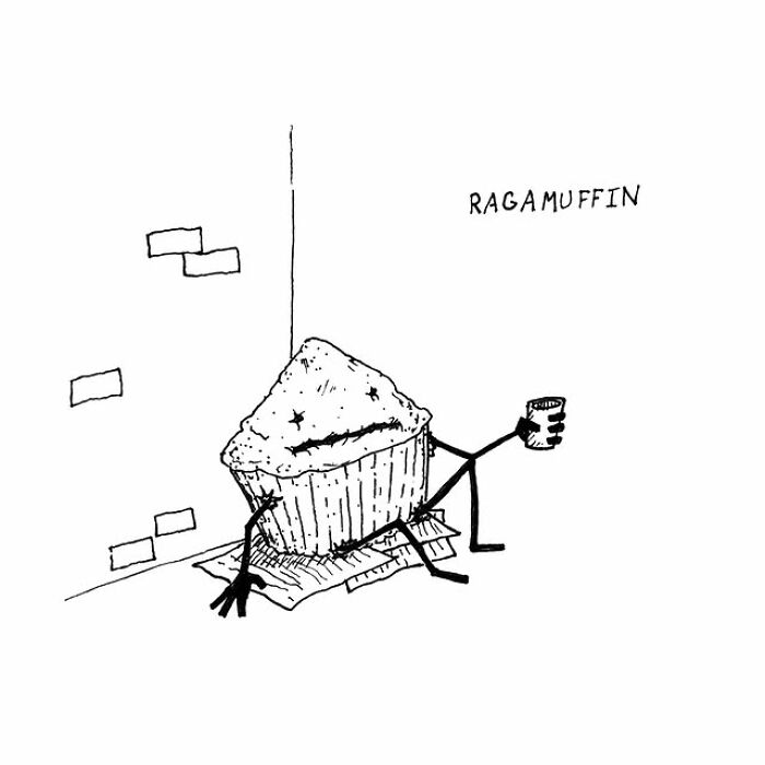 Hand-drawn visual pun of a ragamuffin as a muffin with arms and legs holding a cup, created by artist for 31 days challenge.