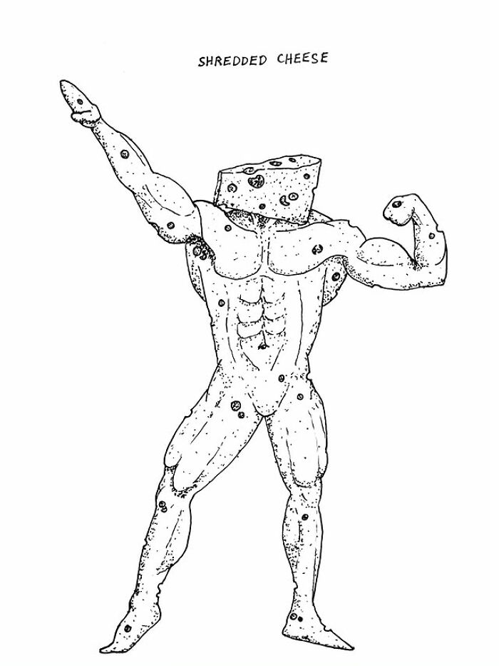 Illustration of a muscular human figure with a cheese wedge as a head, labeled shredded cheese, a visual pun artwork.