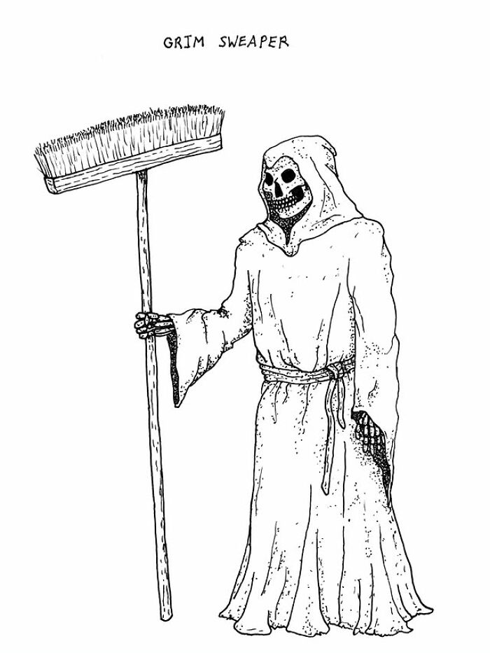 Black and white illustration of a skeleton in a robe holding a broom labeled grim sweaper as a visual pun artwork.