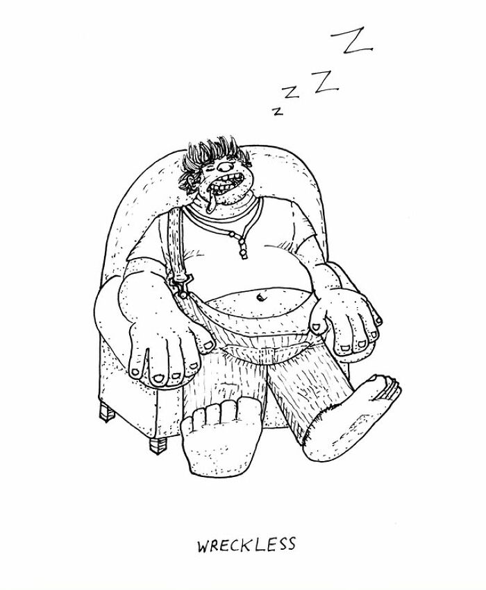 Black and white drawing of a man sleeping in a chair with oversized hands and feet, a visual pun by the artist.