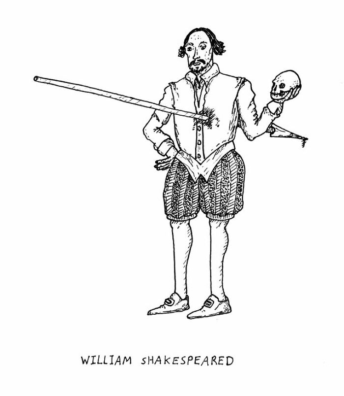 Hand-drawn visual pun by artist showing William Shakespeare pierced by a spear, part of a 31-day visual pun series.
