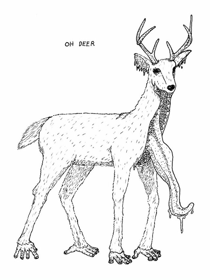 Hand-drawn visual pun of a deer with dripping tongue and human-like hands, showcasing creative visual pun art by the artist.