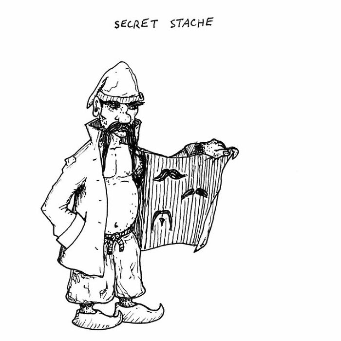 Hand-drawn visual pun by artist showing a man with a secret mustache, part of 31 days of creative visual puns series.