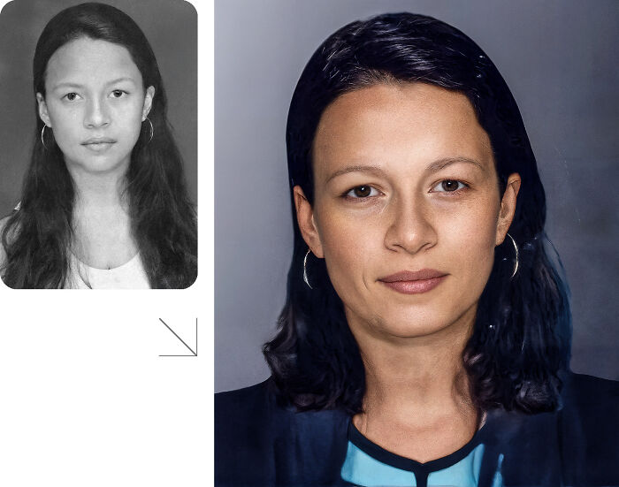 Side-by-side images showing AI predicted aging of a missing person from a black and white photo to a modern color portrait.