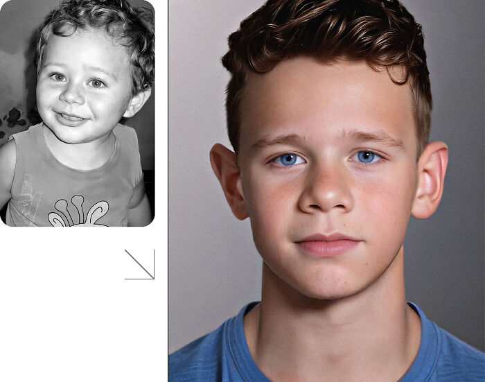 Side-by-side image showing AI predictions of how a missing boy would look today, based on childhood photo comparison.