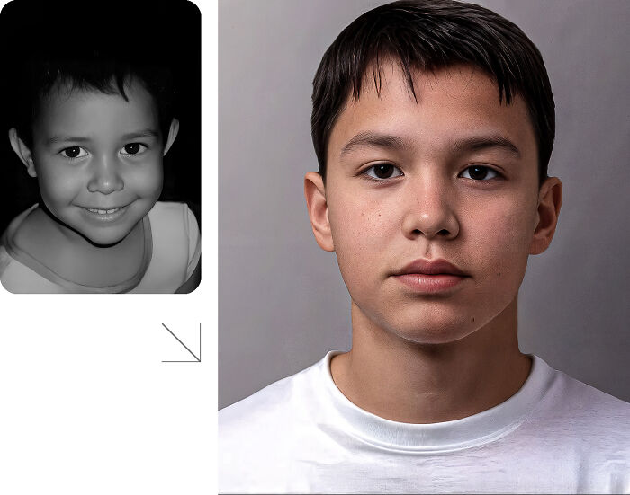 Before and after AI-generated age progression of a missing boy, illustrating how he might look today for finding efforts.