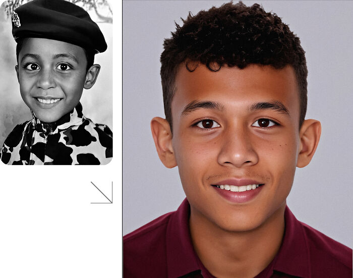 Side-by-side photos showing AI predicted aging of a missing person from childhood to young adulthood for finding them today