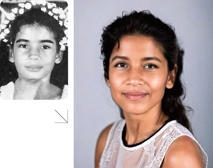 Side-by-side images showing AI predictions of how a missing person might look today based on an old photo.