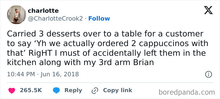 Tweet from a restaurant worker sharing a relatable story about carrying desserts and cappuccinos to a customer's table.