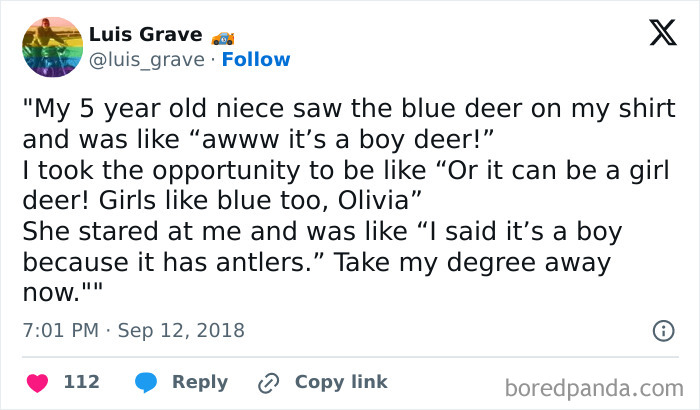 Tweet discussing gender assumptions from a child, highlighting feminist posts that challenge the patriarchy with wit and insight.