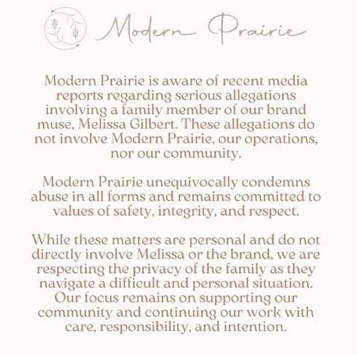 Modern Prairie statement addressing serious allegations involving Melissa Gilbert&rsquo;s family amid public outrage.
