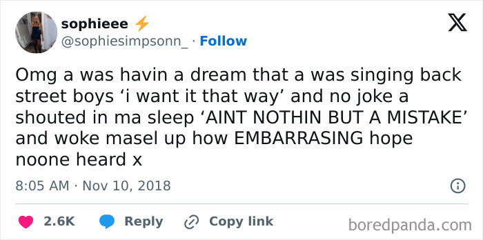 Twitter post of a person sharing one of the funniest things they've heard someone say in their sleep about singing Backstreet Boys.
