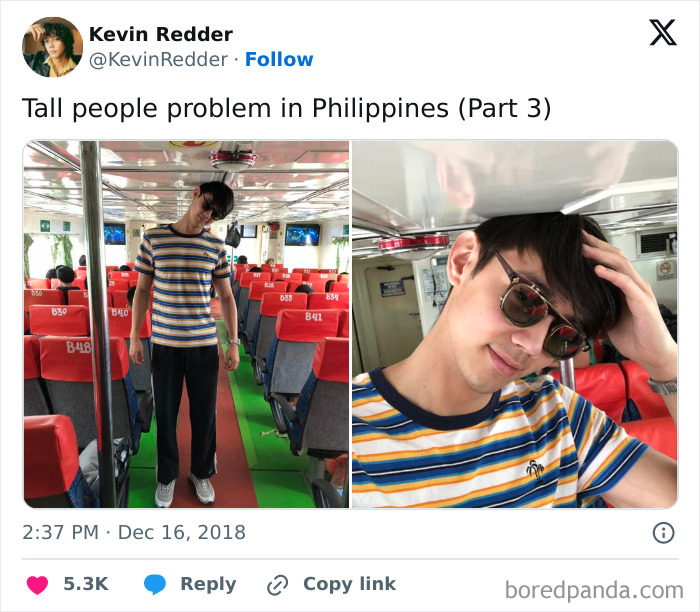 Tall man wearing sunglasses struggles with low ceiling inside a crowded public transport, highlighting tall people problems.