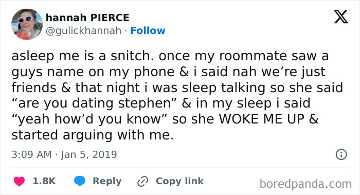 Screenshot of a tweet sharing a funny sleep talking story about revealing secrets while asleep.