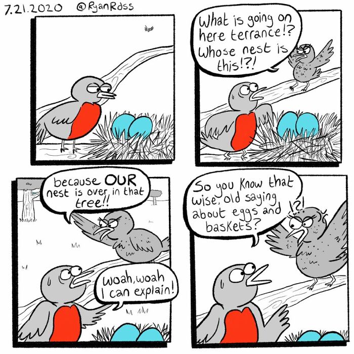 Comic artist’s dark, absurd punchline comic shows two birds arguing over a nest in a humorous, unexpected setup.