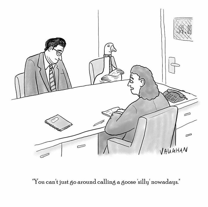 Cartoon showing comedy with a goose at a job interview, highlighting creativity in comedy comics.