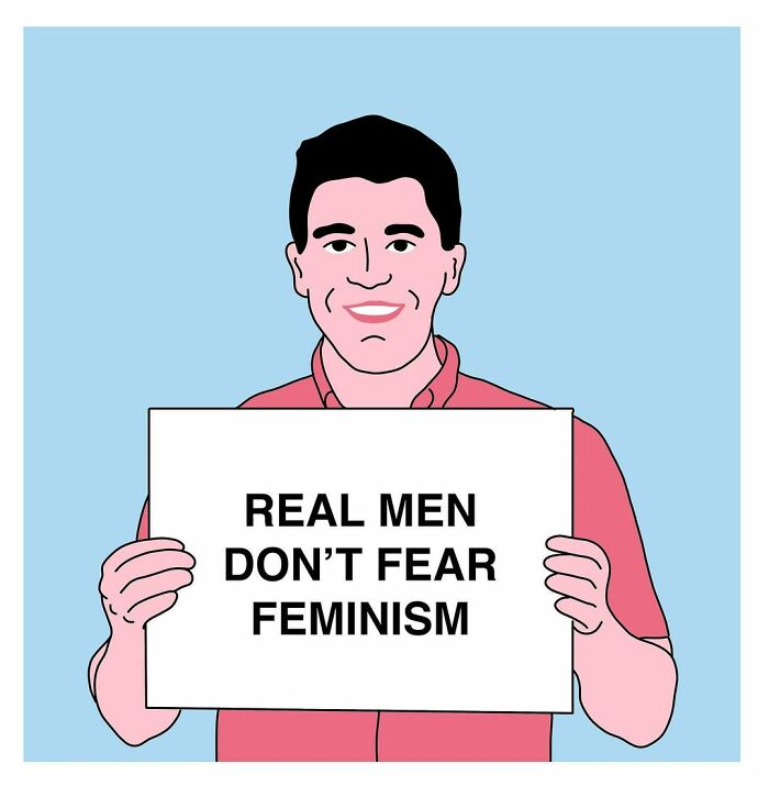 Studio Stoutpoep illustration of a smiling man holding a sign that says REAL MEN DON'T FEAR FEMINISM
