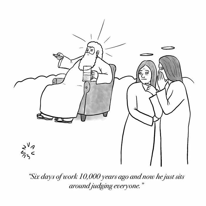 Cartoon showing an artist’s comedy about judgment with two angels whispering and a bearded man sitting with a drink.