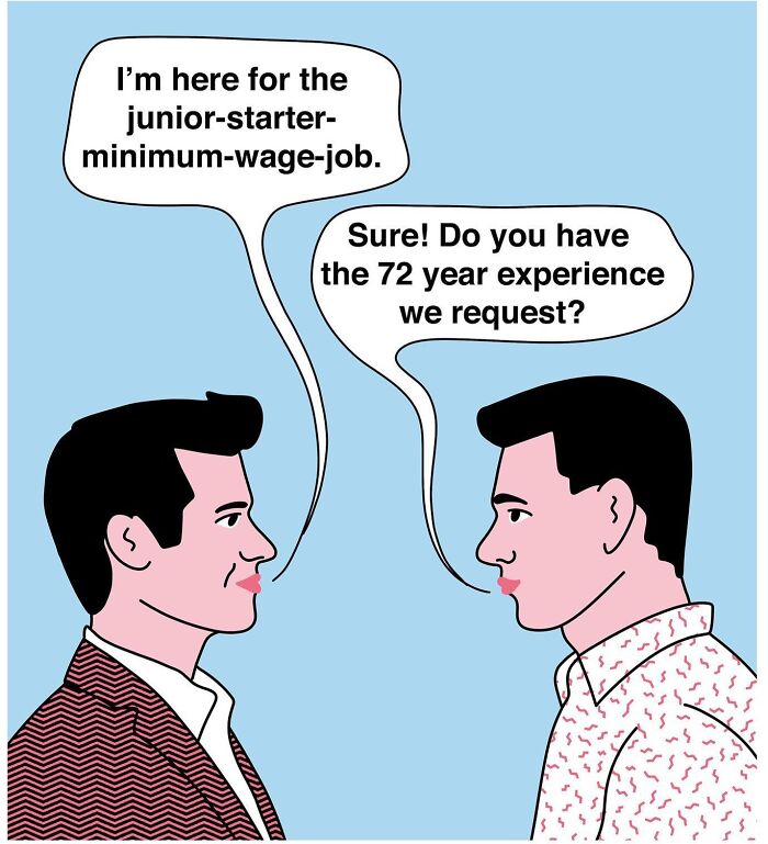 Studio Stoutpoep illustrations of two men facing each other, speech bubbles satirize unrealistic job experience demands
