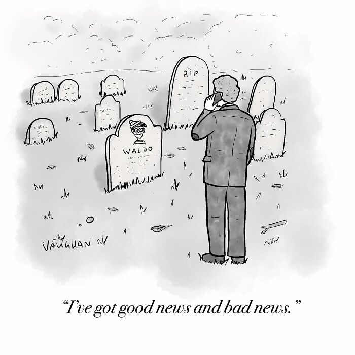 Man in a suit talking on phone at a cemetery near a gravestone labeled Waldo in a comedy comic style illustration.
