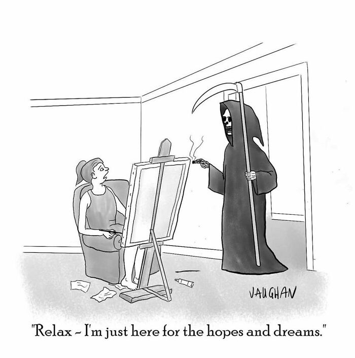 Cartoon artist drawing a grim reaper who says he is here for the hopes and dreams, showcasing comedy in comics.