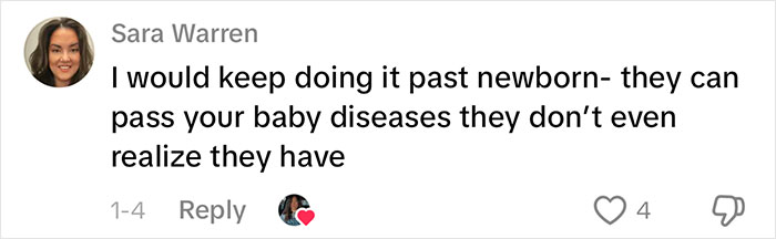 Comment warning about newborn baby disease risks, part of viral woman’s gentle reminder for grandma not to kiss baby.