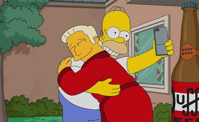 Homer Simpson hugging man and taking selfie beside Duff Beer bottle, Simpsons 2026 predictions Homer Simpson hugging man and taking selfie beside Duff Beer bottle, Simpsons 2026 predictions