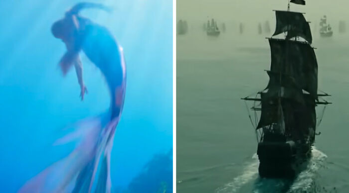 Would You Rather scene: mermaid diving underwater on left, ghost ship sailing through fog on right