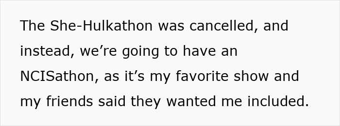 Text about the She-Hulkathon being canceled and replaced by an NCISathon due to preferences and inclusion requests. Text about the She-Hulkathon being canceled and replaced by an NCISathon due to preferences and inclusion requests.