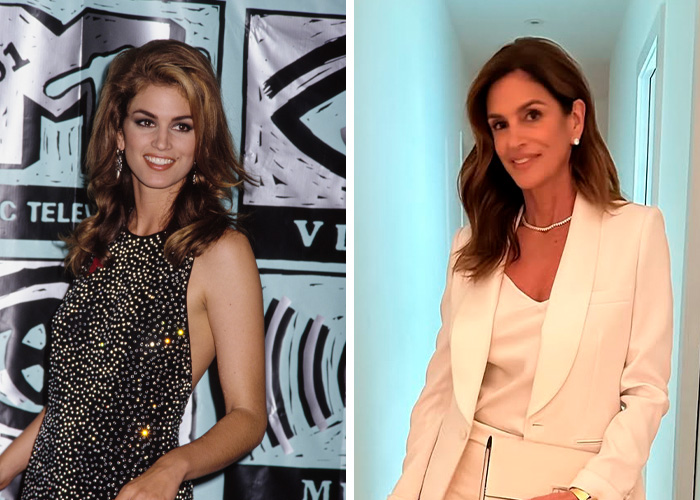 Split image showing a famous woman in a black dress and the same woman years later in a white suit, highlighting forever young appearance.